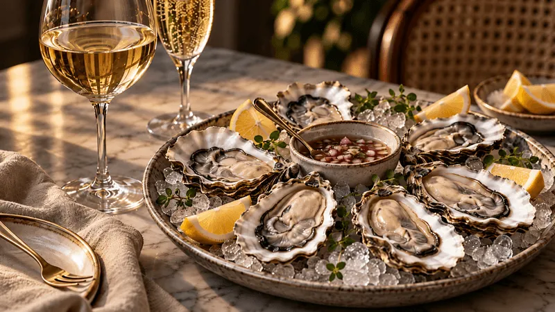 Fresh oysters served on ice with lemon and a glass of white wine, for this best wines to pair with oysters blog